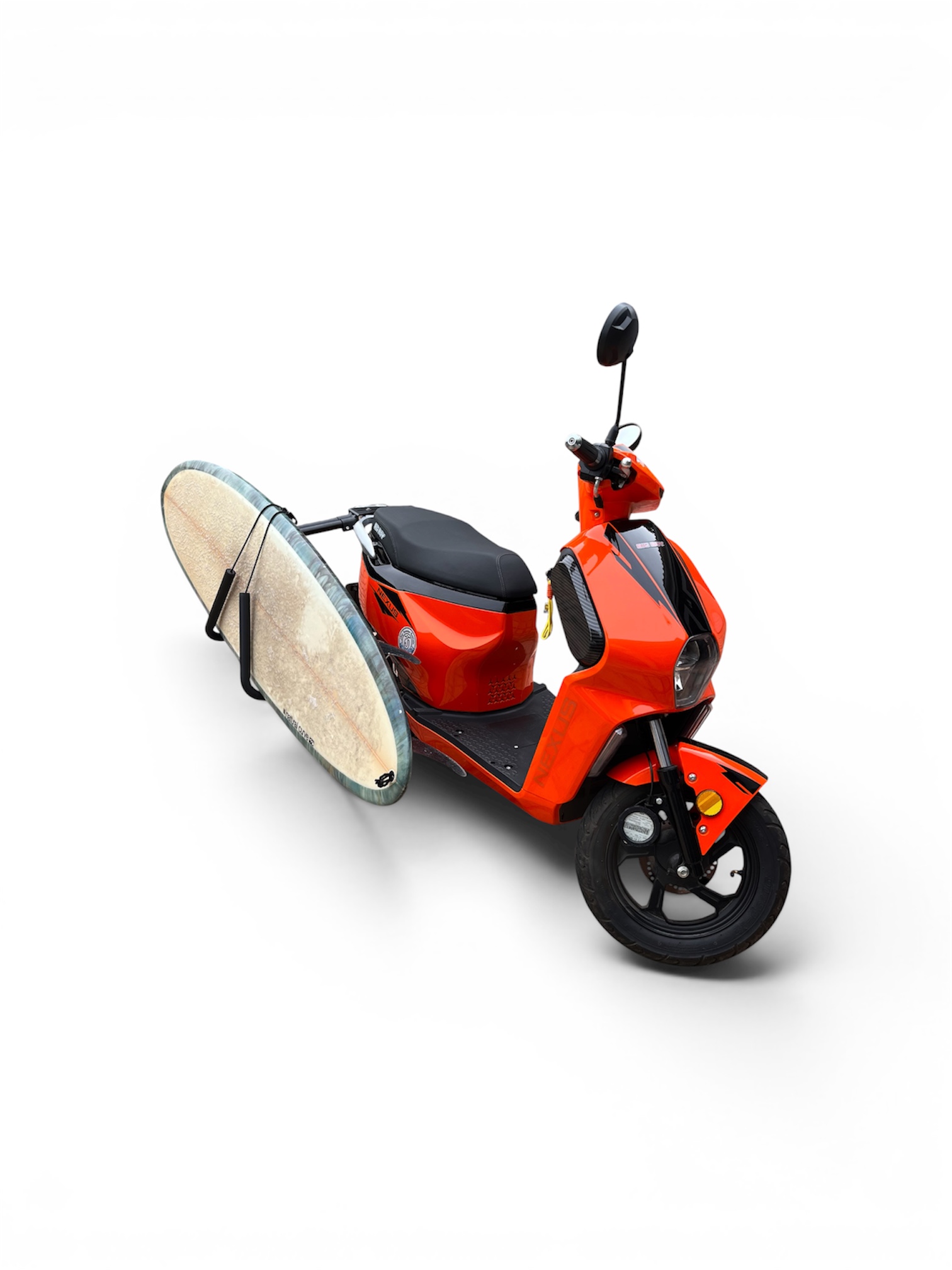 Surfboard strapped to a scooter rack